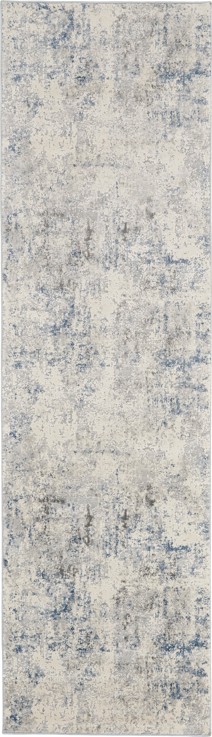 Abstract distressed blue and beige runner rug with subtle gray accents.