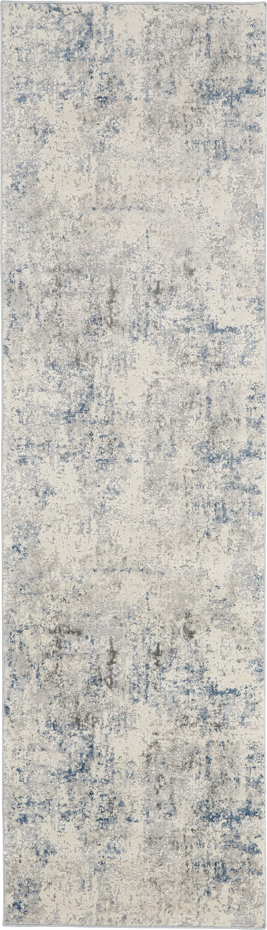 Abstract distressed blue and beige runner rug with subtle gray accents.