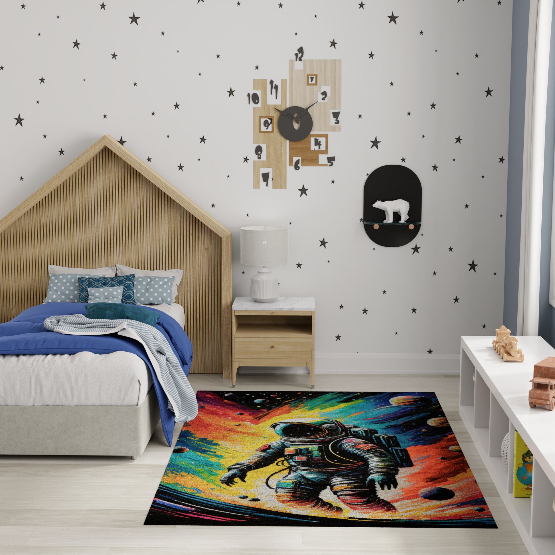 Colorful astronaut rug in a kid's room with a wooden slat bed, starry wall decals, and a white nightstand.