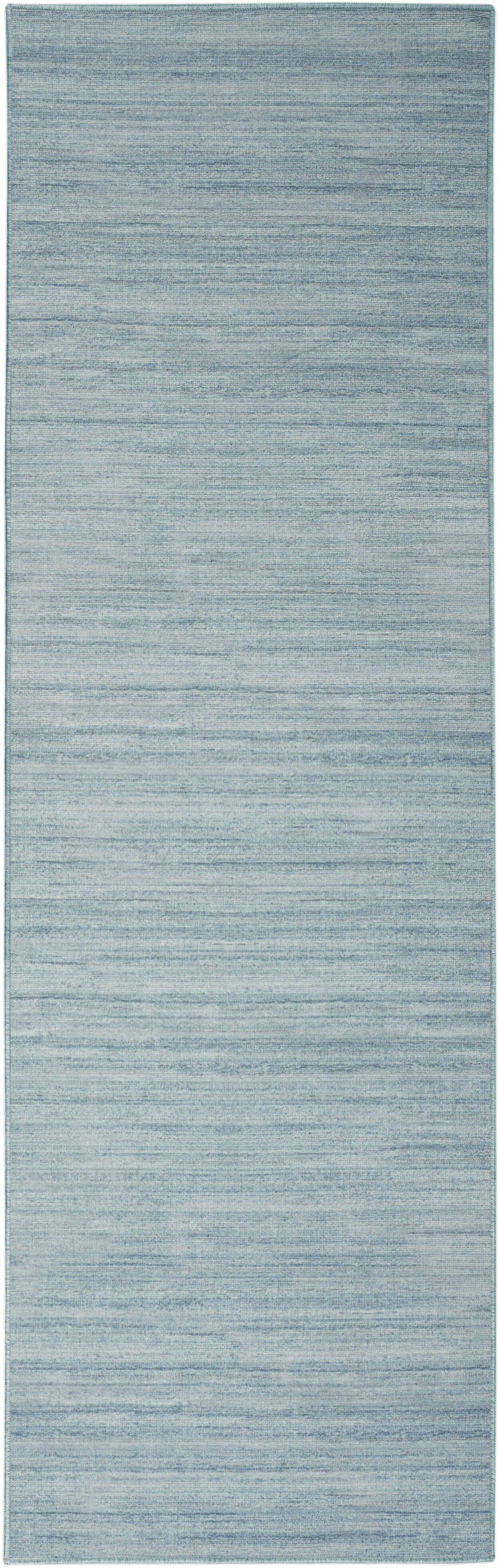 Blue-gray woven rug runner with subtle horizontal striations and soft, heathered texture.