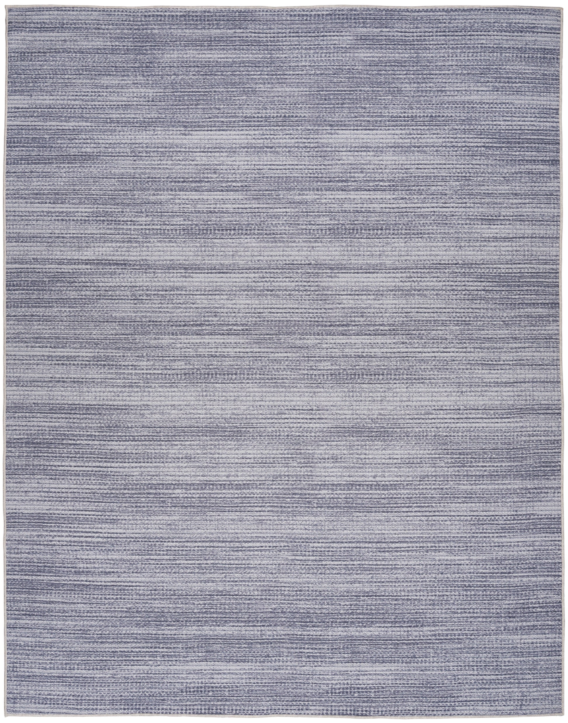 Blue-gray woven rug with subtle horizontal stripes and gradient, rectangular, modern minimalist style for living room.