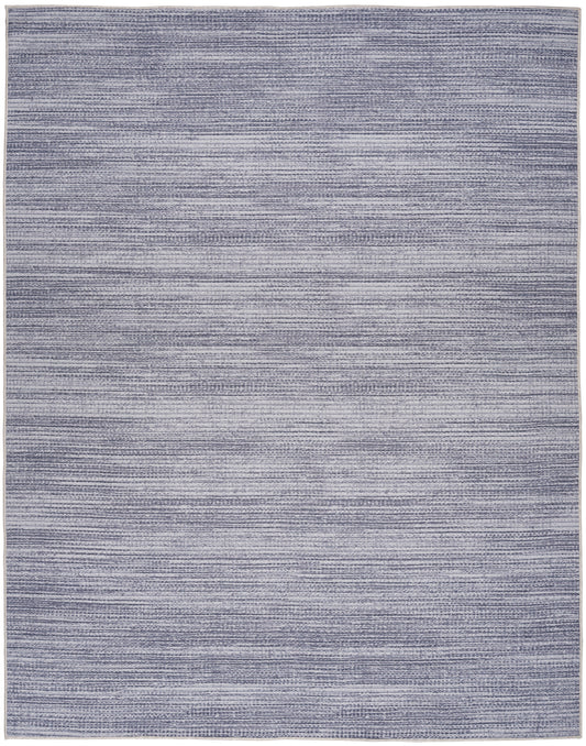 Blue-gray woven rug with subtle horizontal stripes and gradient, rectangular, modern minimalist style for living room.