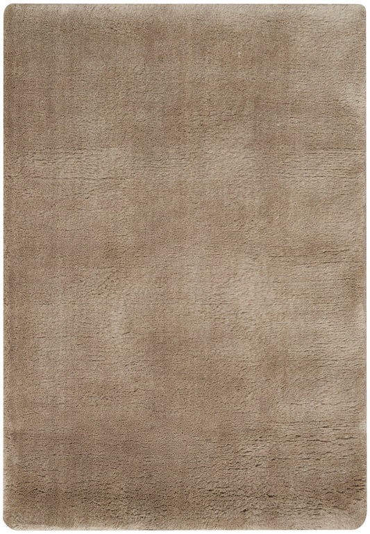 Beige plush shag rug, rectangular high-pile, warm tan color for cozy living room floors.