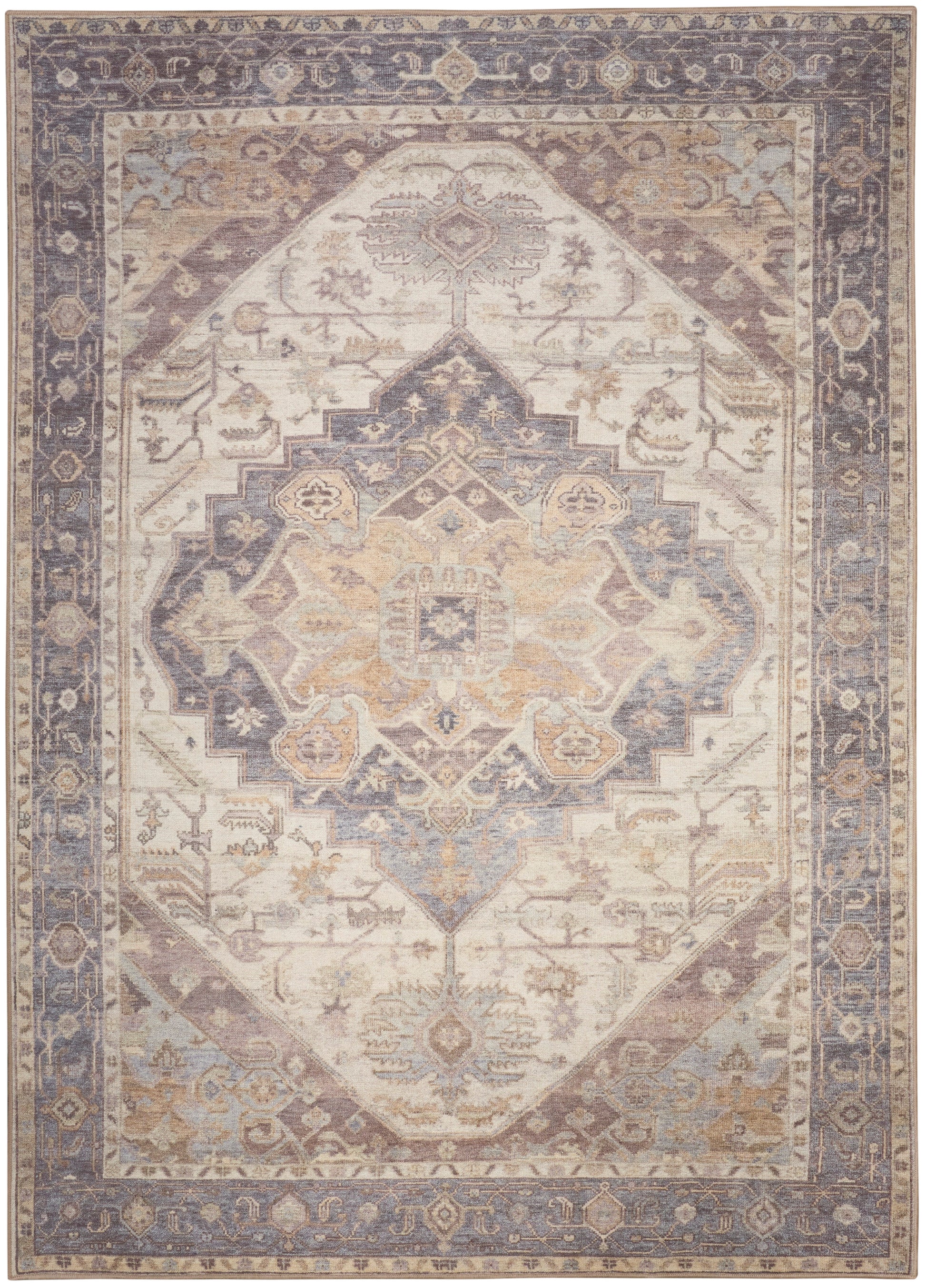 Rectangular Persian-style area rug with ivory center, blue-gray and beige medallion, and ornate floral border in muted tones.