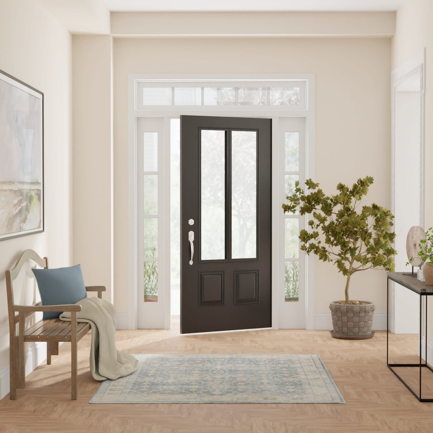 Modern entryway with a black door with glass panels, beige walls, blue rug, wooden bench with cushion, potted tree.