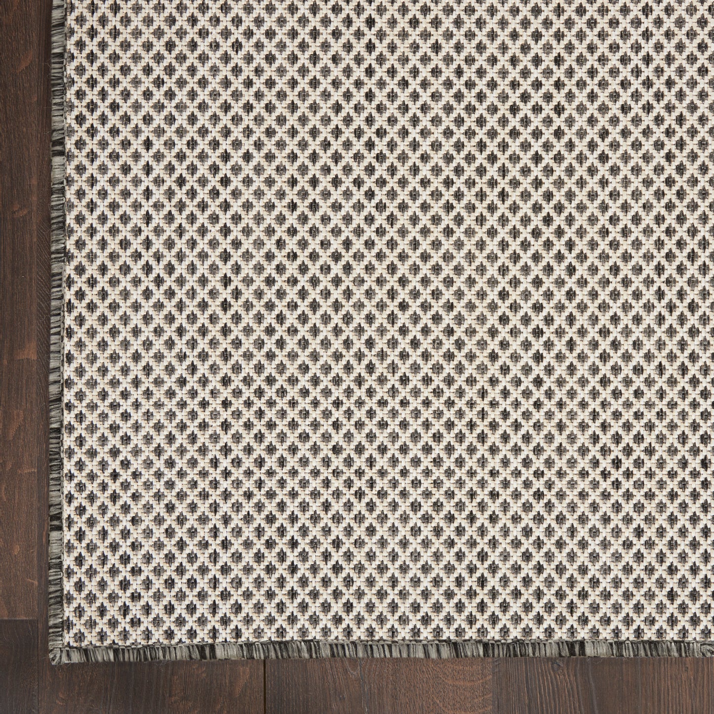 Beige gradient rectangular rug with dark wood edge and cream geometric border along the left, rustic-modern.