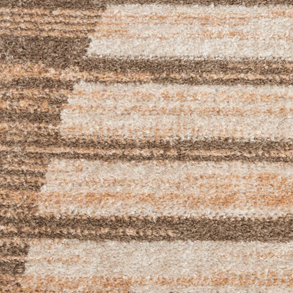 Striped beige and brown rug, 8' x 10', with soft, textured pile.