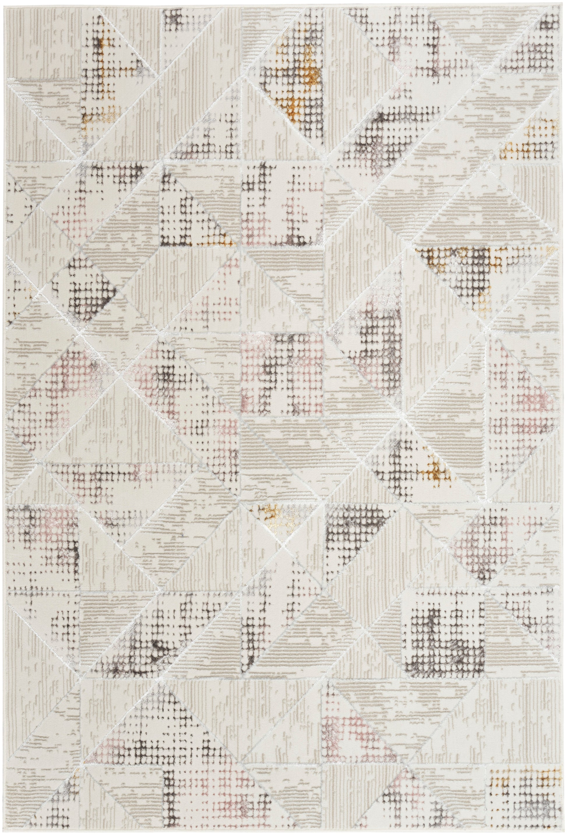 Neutral geometric area rug with cream, beige and taupe triangles, gold accents; modern abstract design for living rooms.