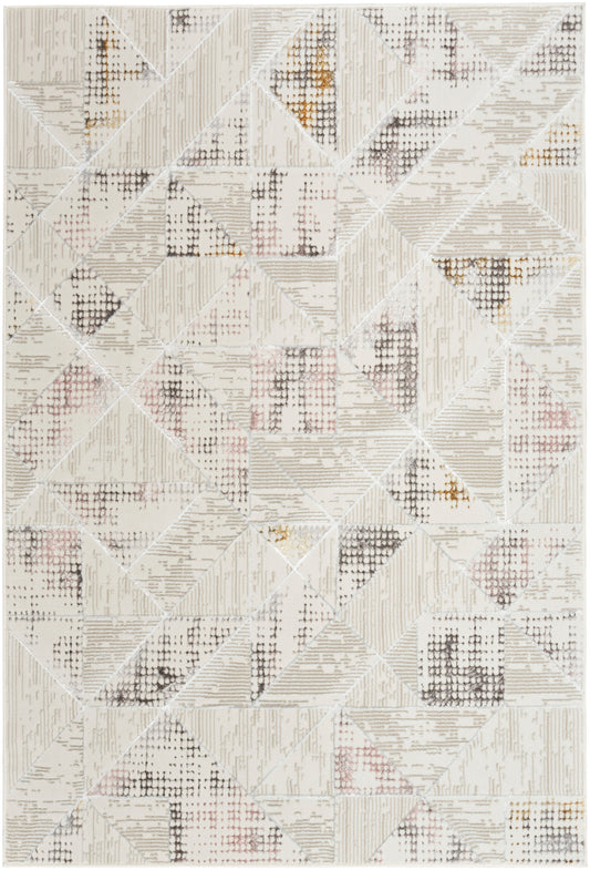 Neutral geometric area rug with cream, beige and taupe triangles, gold accents; modern abstract design for living rooms.