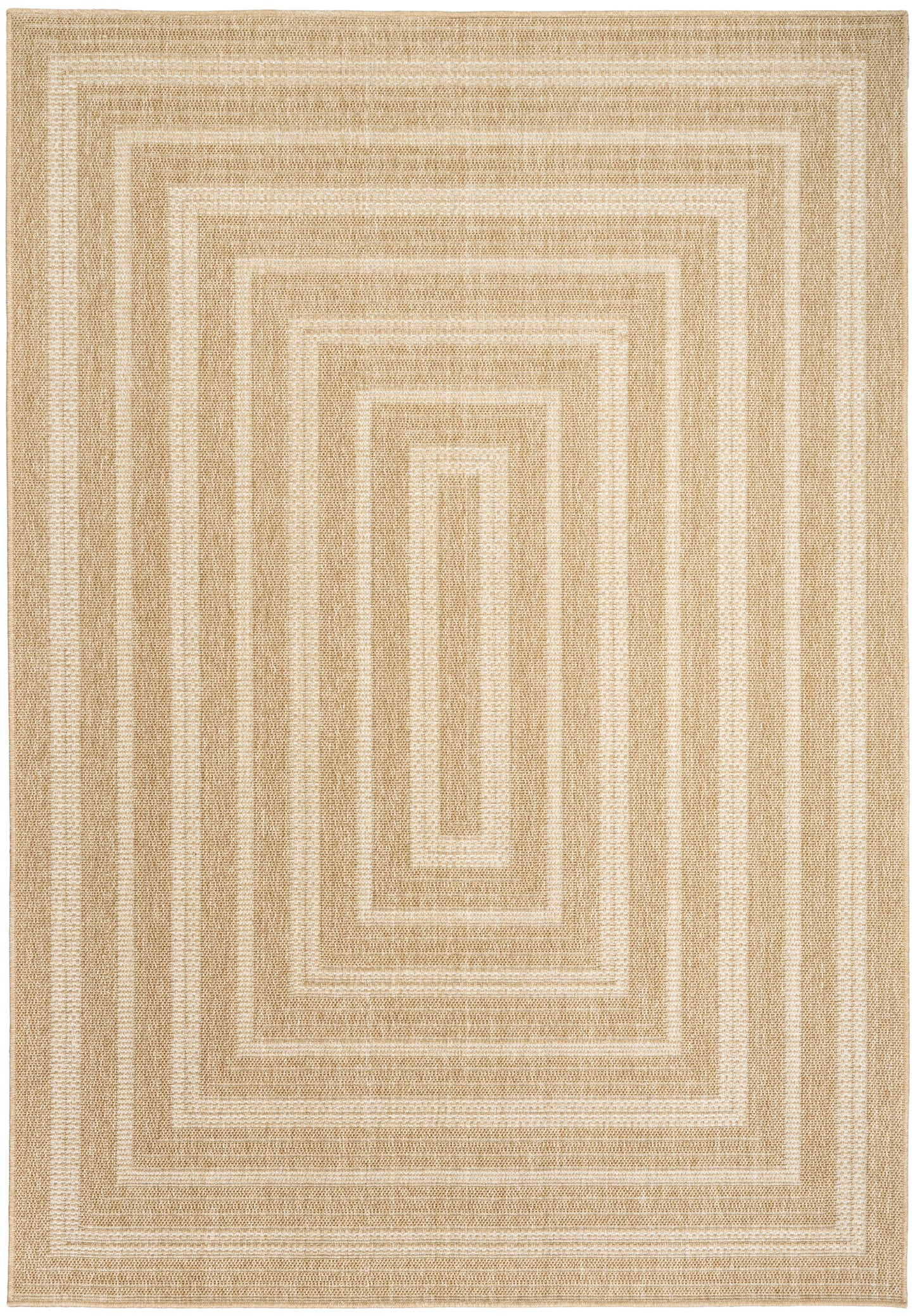 Rectangular beige rug with cream concentric square borders in natural jute texture.
