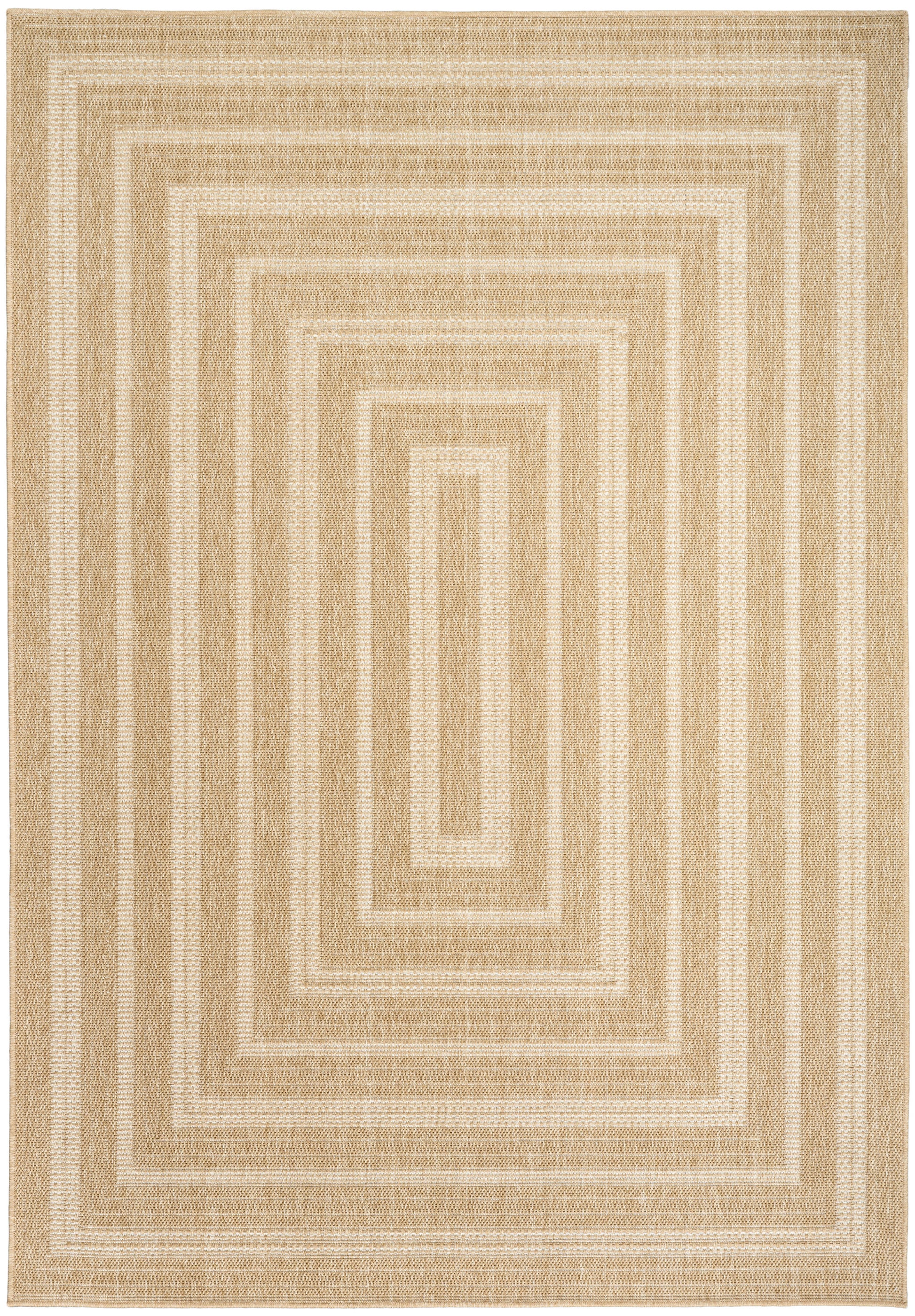 Rectangular beige rug with cream concentric square borders in natural jute texture.