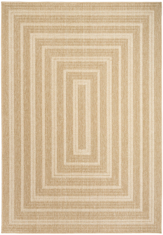 Natural beige jute area rug with cream concentric rectangles; textured weave, modern geometric style.