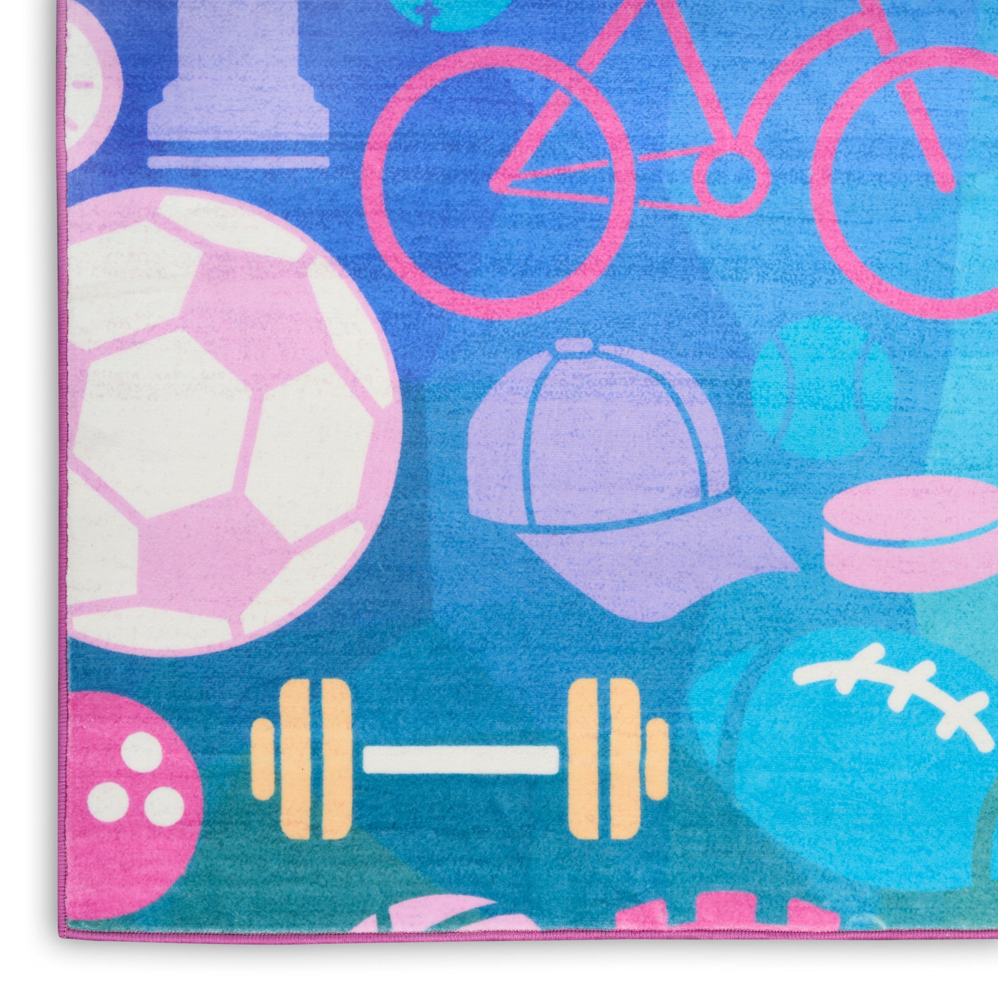 Vibrant blue-pink sport-themed towel with bicycle, soccer ball, dumbbell, cap and football icons, pink edge.