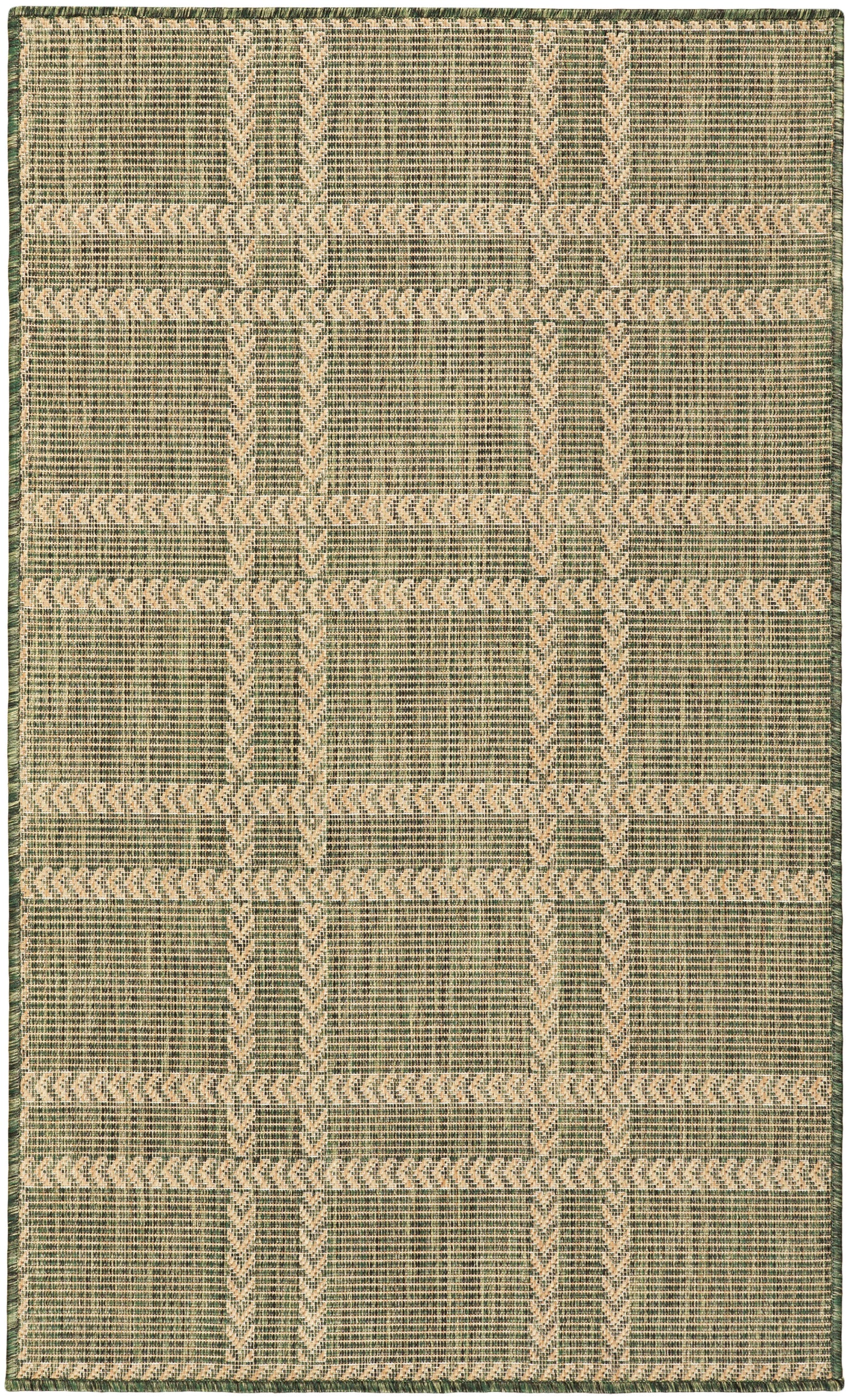 Green and beige geometric flat-weave rectangular rug with chevron stripes and textured weave