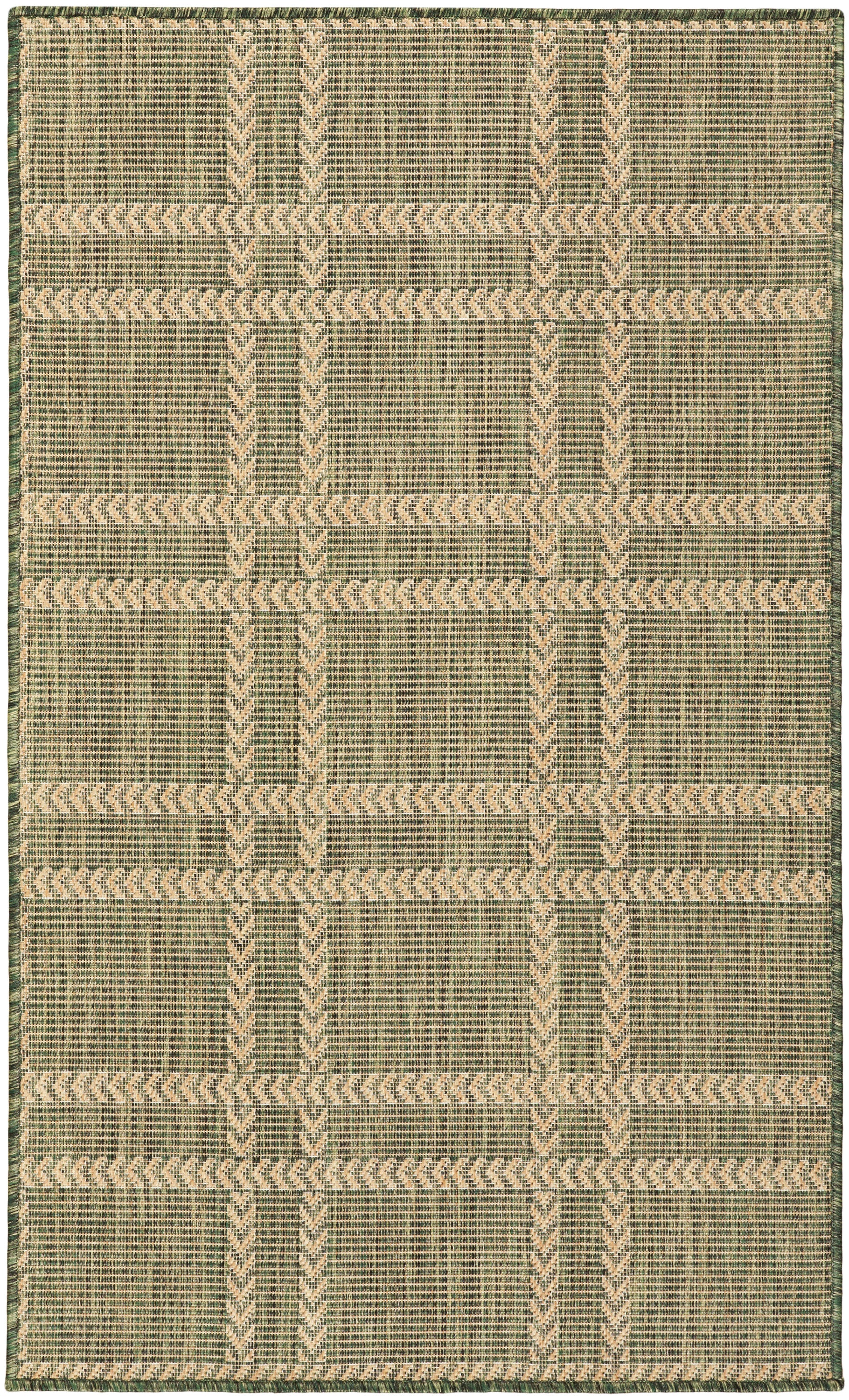 Green and beige geometric flat-weave rectangular rug with chevron stripes and textured weave
