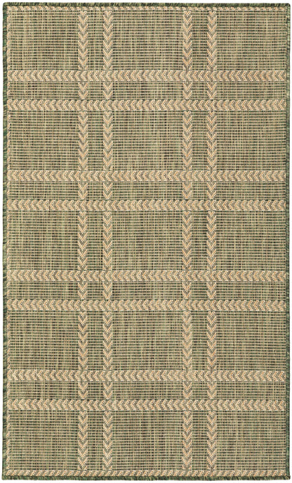 Green and beige geometric flat-weave rectangular rug with chevron stripes and textured weave