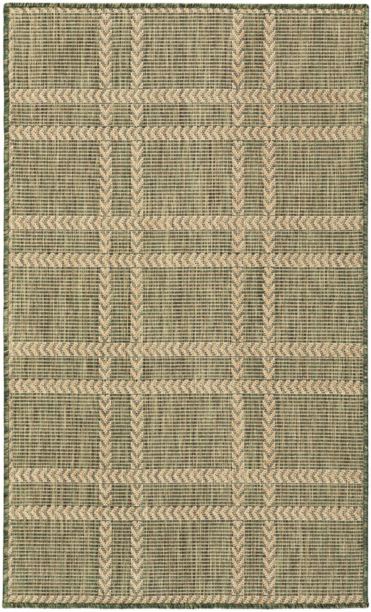 Green and beige geometric flat-weave rectangular rug with chevron stripes and textured weave