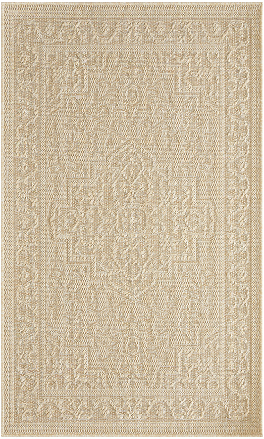 Beige woven area rug with cream geometric medallion center and ornate border; neutral, traditional style.