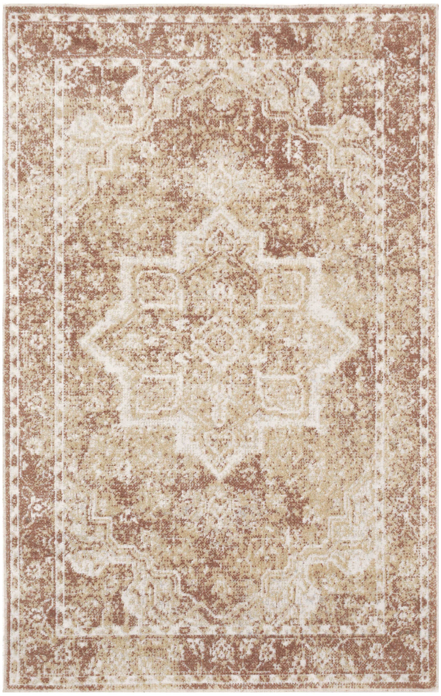 Distressed beige & brown oriental rug with central medallion and ornate border, vintage living-room style.