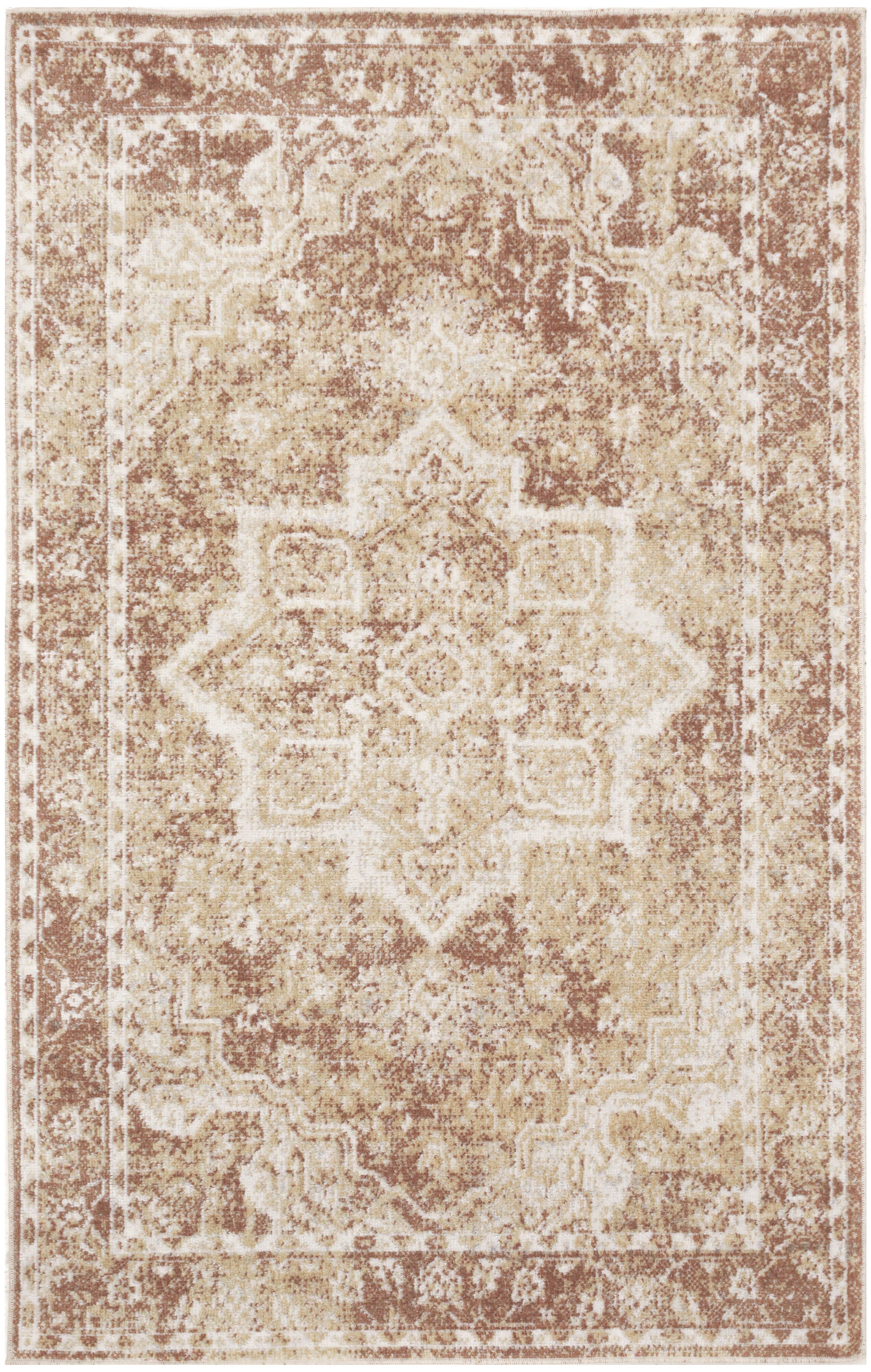 Distressed beige & brown oriental rug with central medallion and ornate border, vintage living-room style.