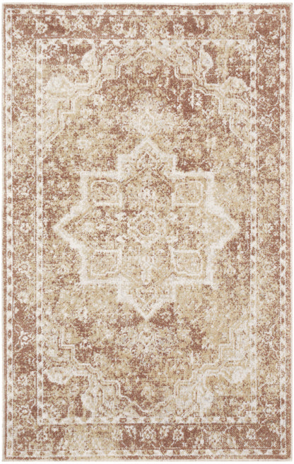 Distressed beige & brown oriental rug with central medallion and ornate border, vintage living-room style.
