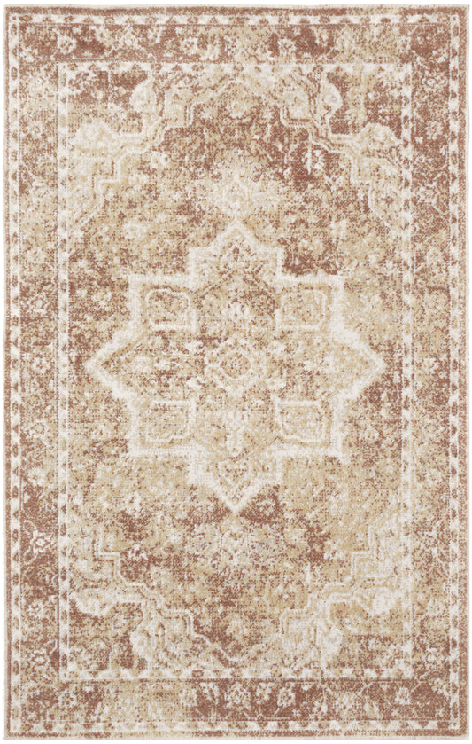 Distressed beige & brown oriental rug with central medallion and ornate border, vintage living-room style.