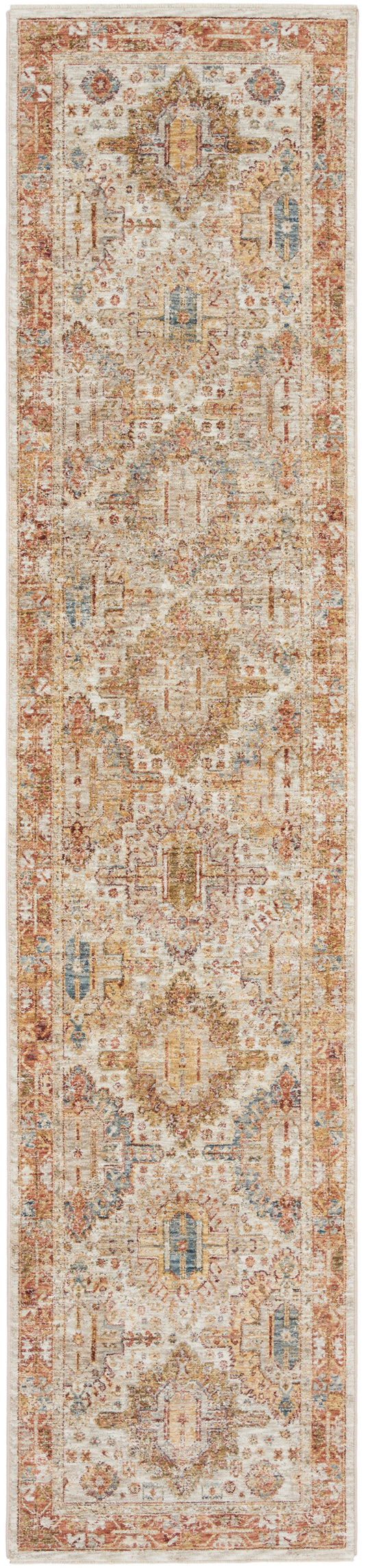 Long oriental runner rug with ivory background, rust-red border and faded blue and gold medallions in a distressed vintage pattern.