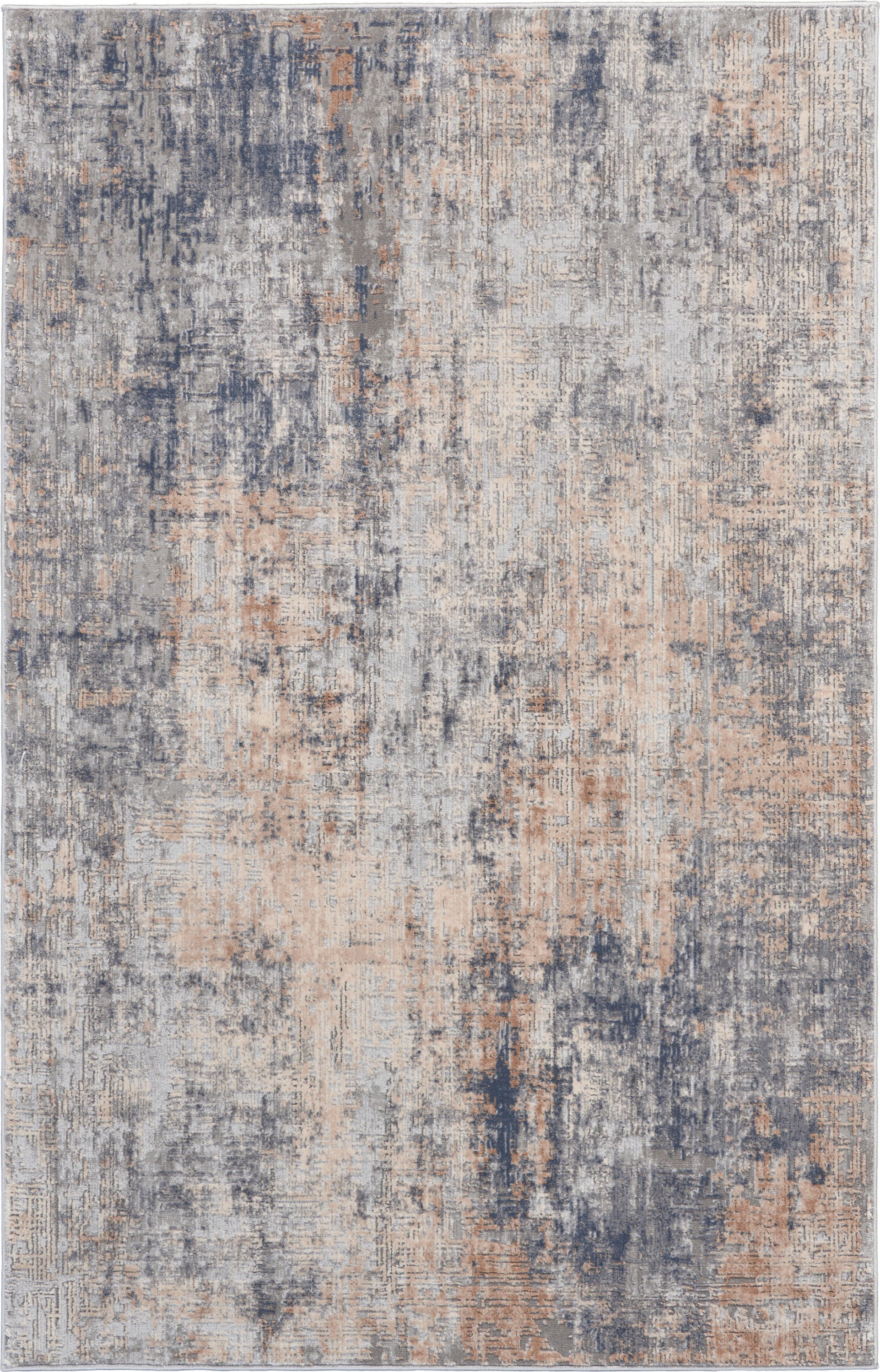 Rectangular abstract area rug with distressed blue-gray and peach tones and muted pattern.