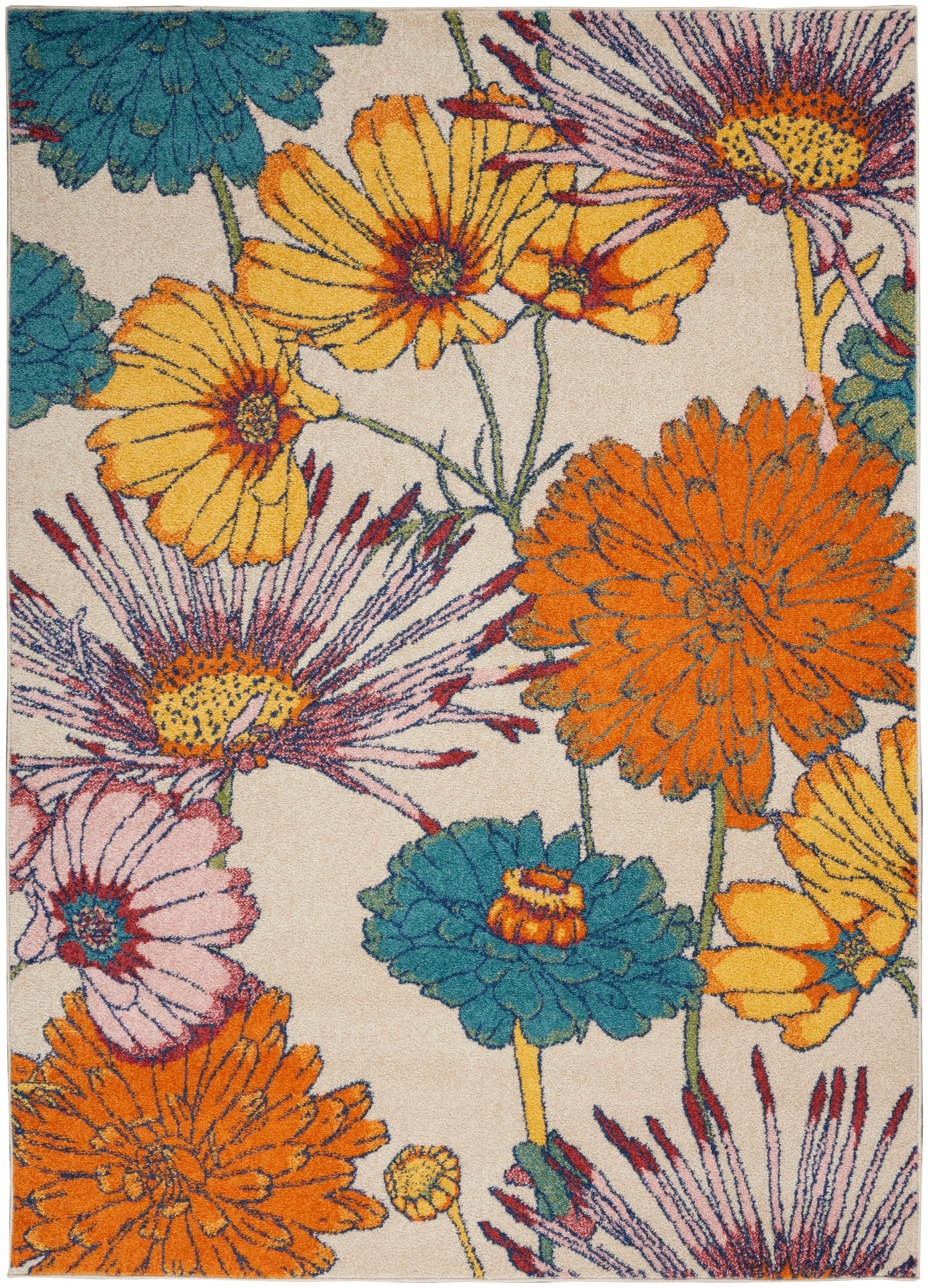 Vibrant floral area rug featuring large orange, yellow, teal and pink blossoms on a beige background; tufted loop pile.