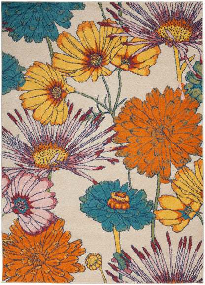 Vibrant floral area rug featuring large orange, yellow, teal and pink blossoms on a beige background; tufted loop pile.