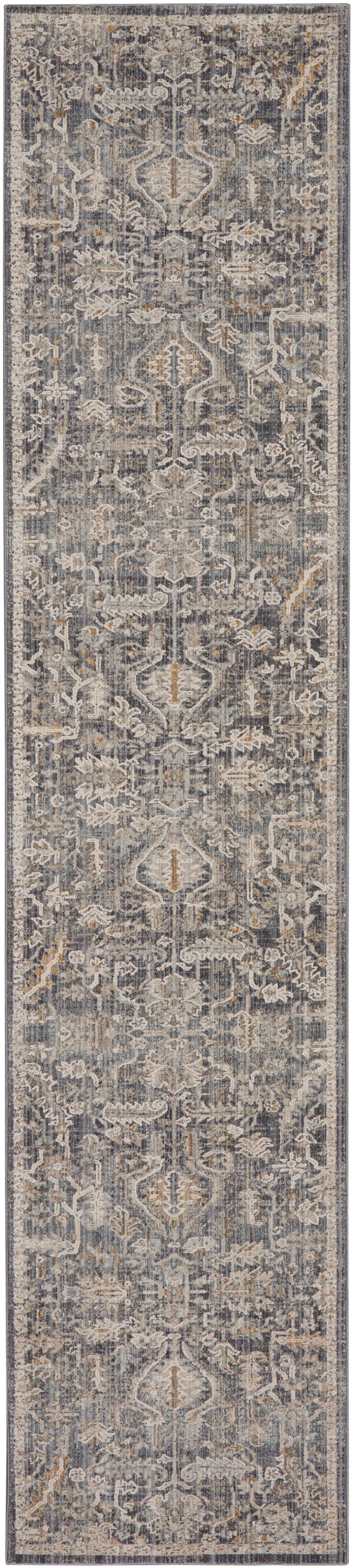 Long gray-blue oriental runner rug with ivory and tan floral medallions and a distressed vintage look