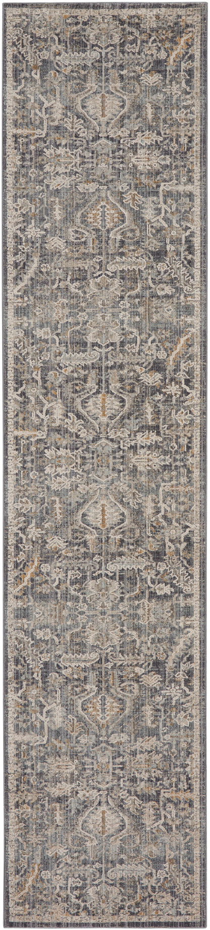 Long gray-blue oriental runner rug with ivory and tan floral medallions and a distressed vintage look