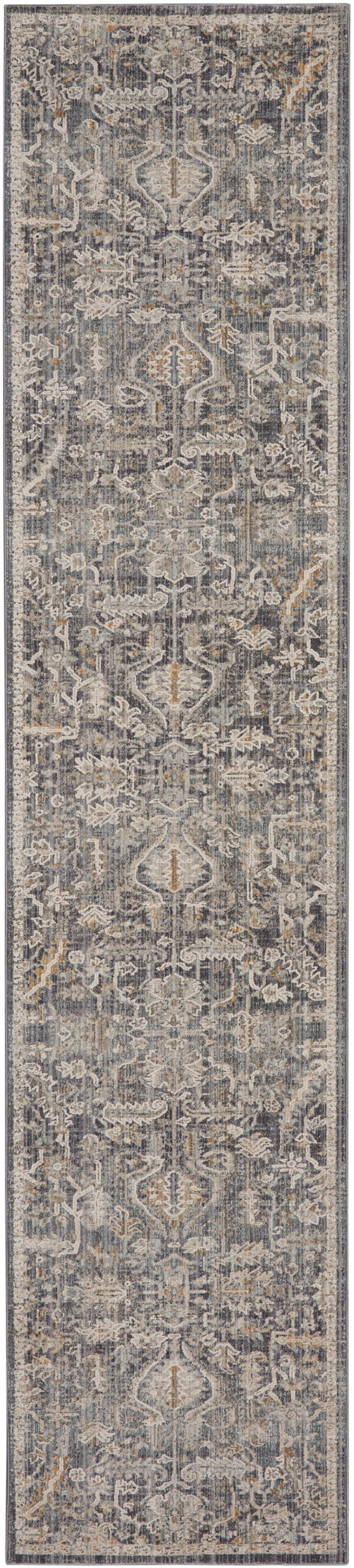 Long gray-blue oriental runner rug with ivory and tan floral medallions and a distressed vintage look