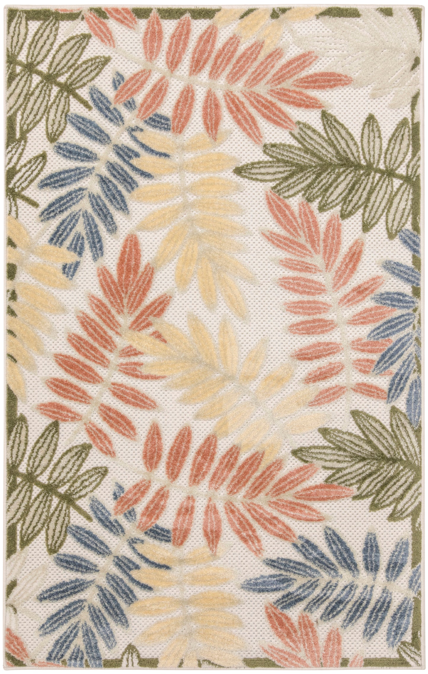 Decorative area rug with multicolor leaf/frond pattern in coral, yellow, blue and green on ivory background.