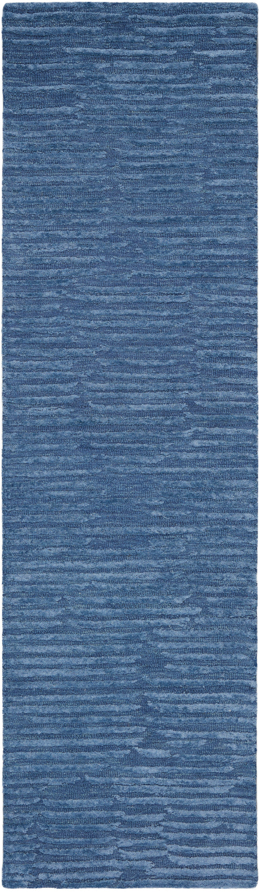 Blue textured shag runner rug with variegated blue tones and soft plush pile.