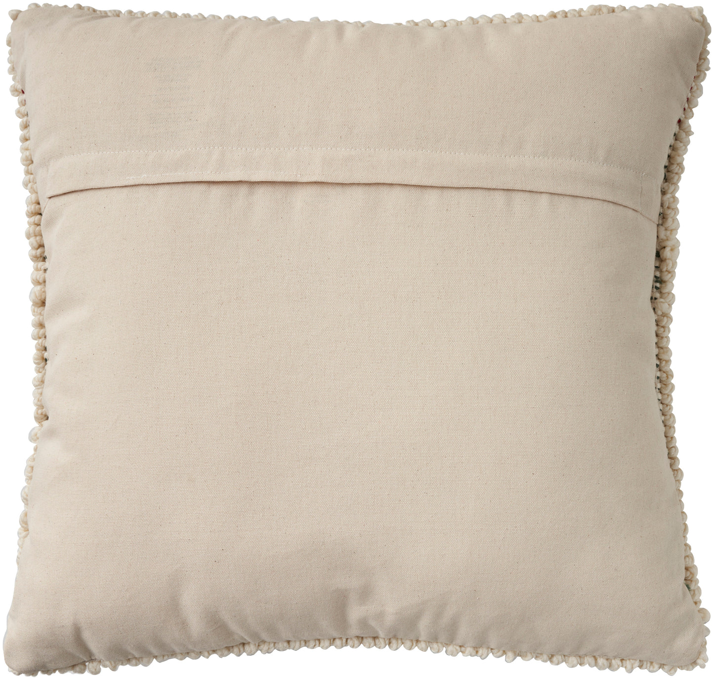 Ivory square decorative throw pillow with pom-pom trim along all edges on soft linen-like fabric.