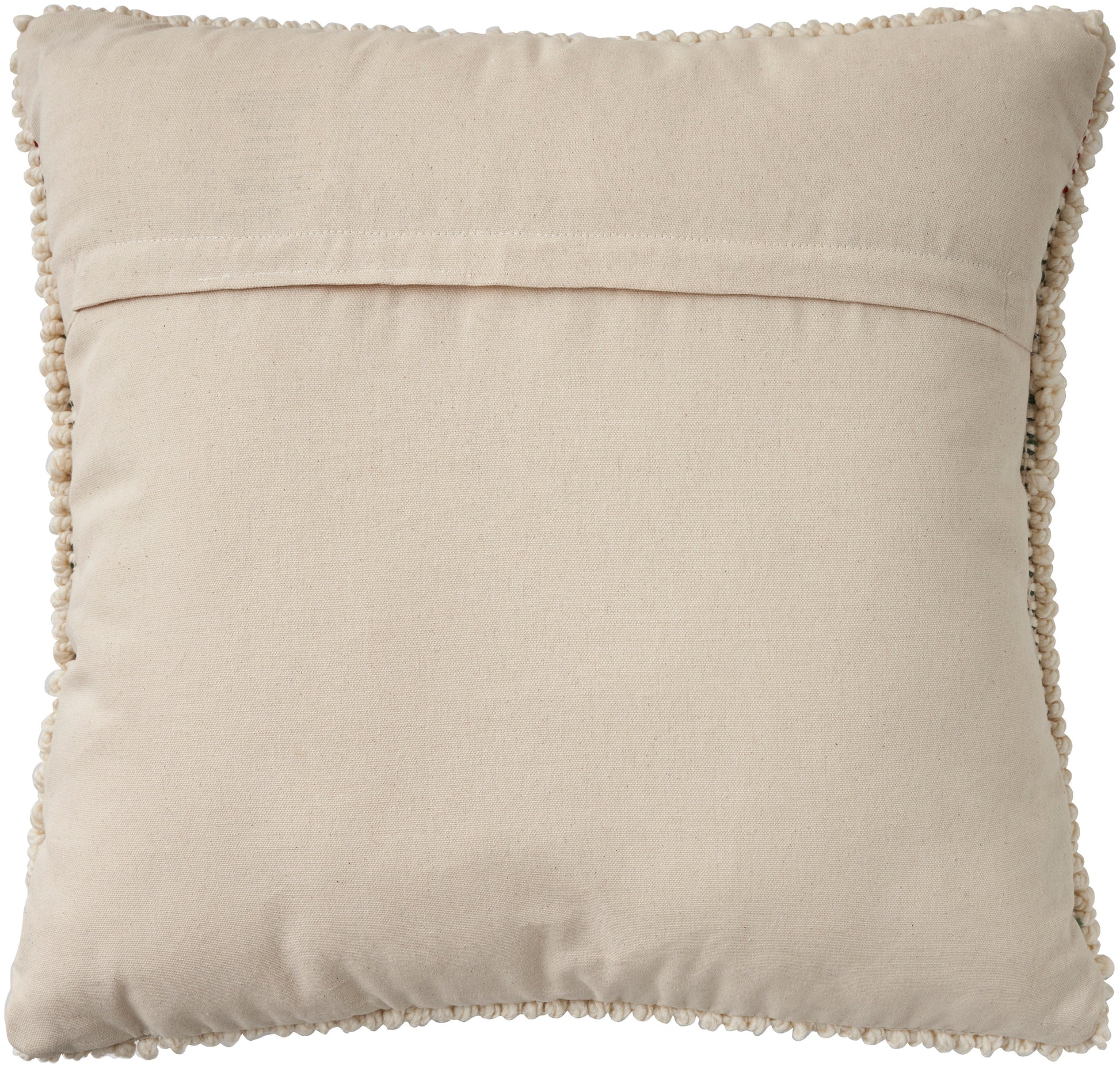 Ivory square decorative throw pillow with pom-pom trim along all edges on soft linen-like fabric.
