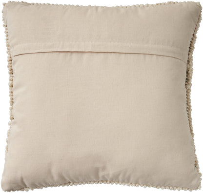 Ivory square decorative throw pillow with pom-pom trim along all edges on soft linen-like fabric.