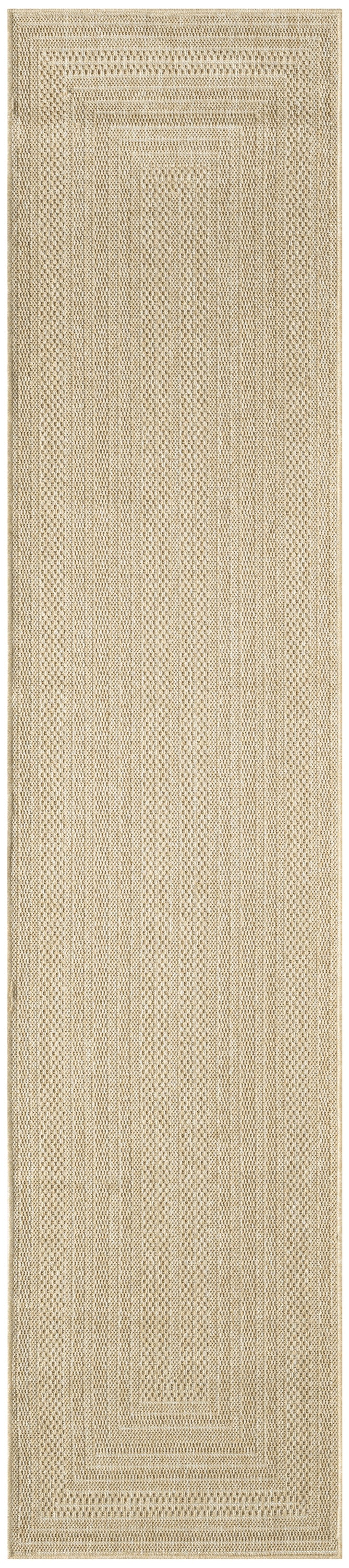 Natural beige woven jute rug runner featuring concentric rectangular borders and textured stripes.