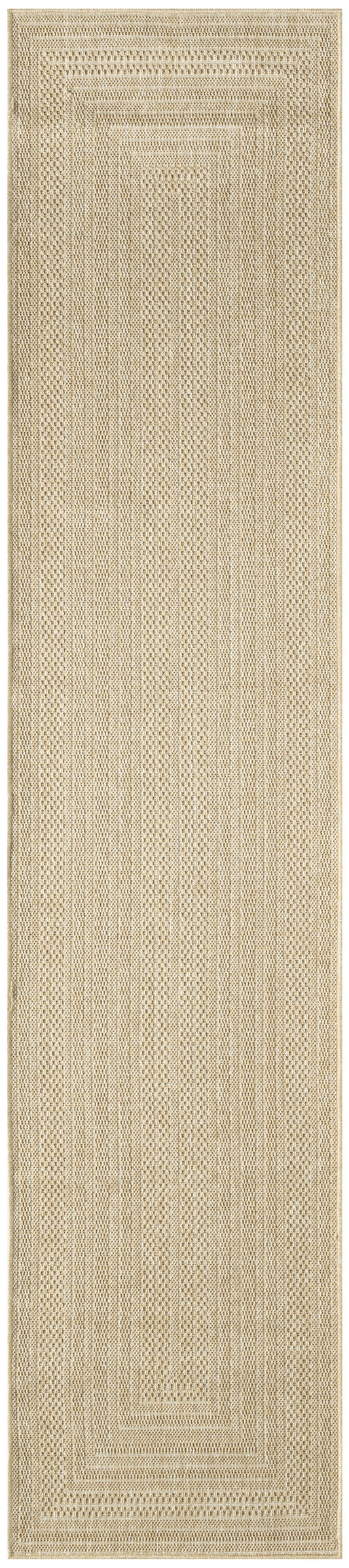 Natural beige woven jute rug runner featuring concentric rectangular borders and textured stripes.