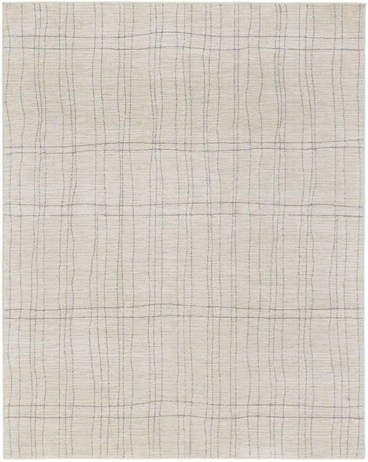 Beige woven rug with subtle gray grid pattern; textured linen/cotton, rectangular 6' x 9', modern minimalist decor.