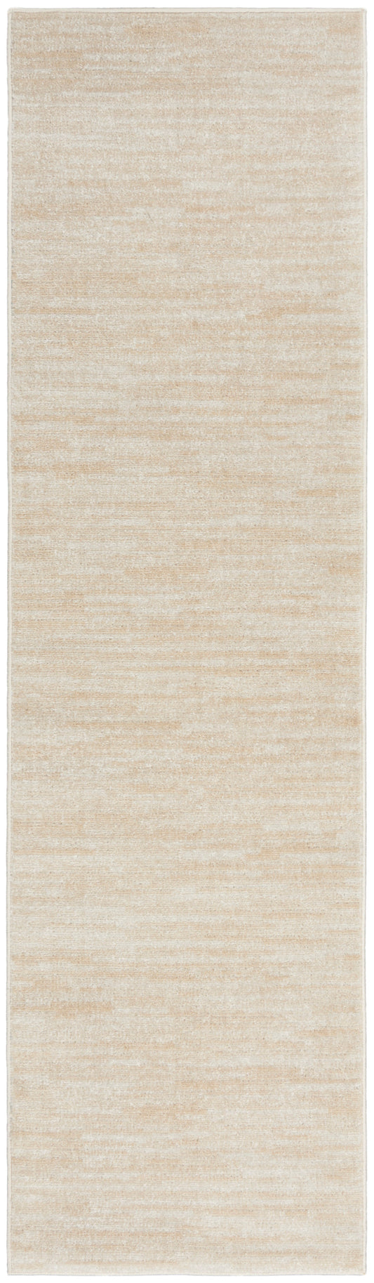 Beige textured runner rug with soft, mottled pile and light border.