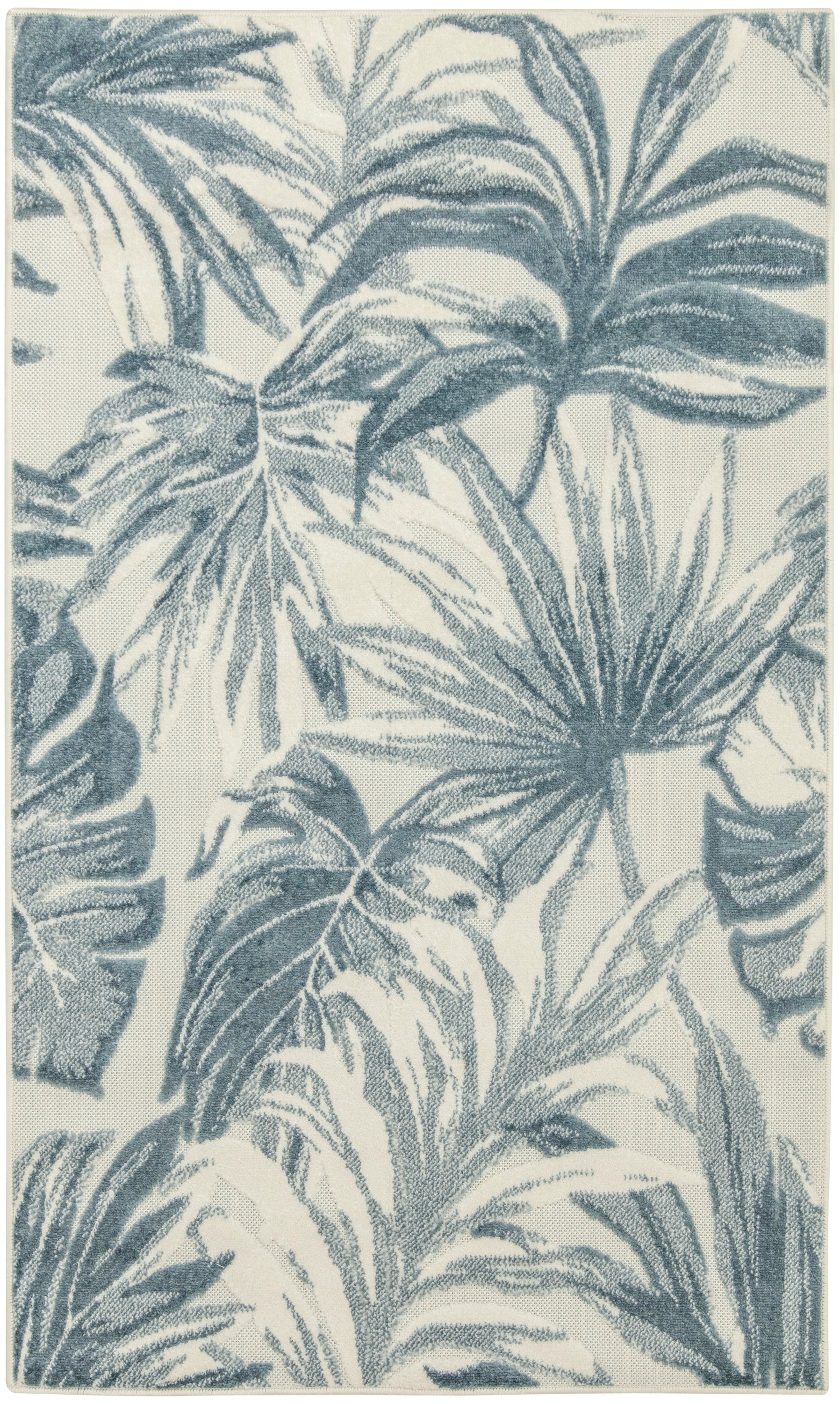 Rectangular rug with blue-gray palm leaf print on ivory backdrop; textured woven pile.