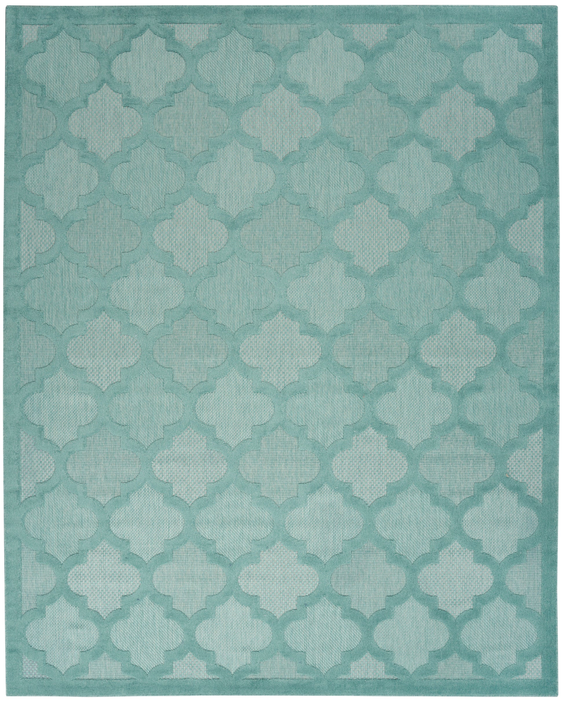 Teal seafoam rectangular area rug with a repeating trellis quatrefoil motif and subtle gradient border.