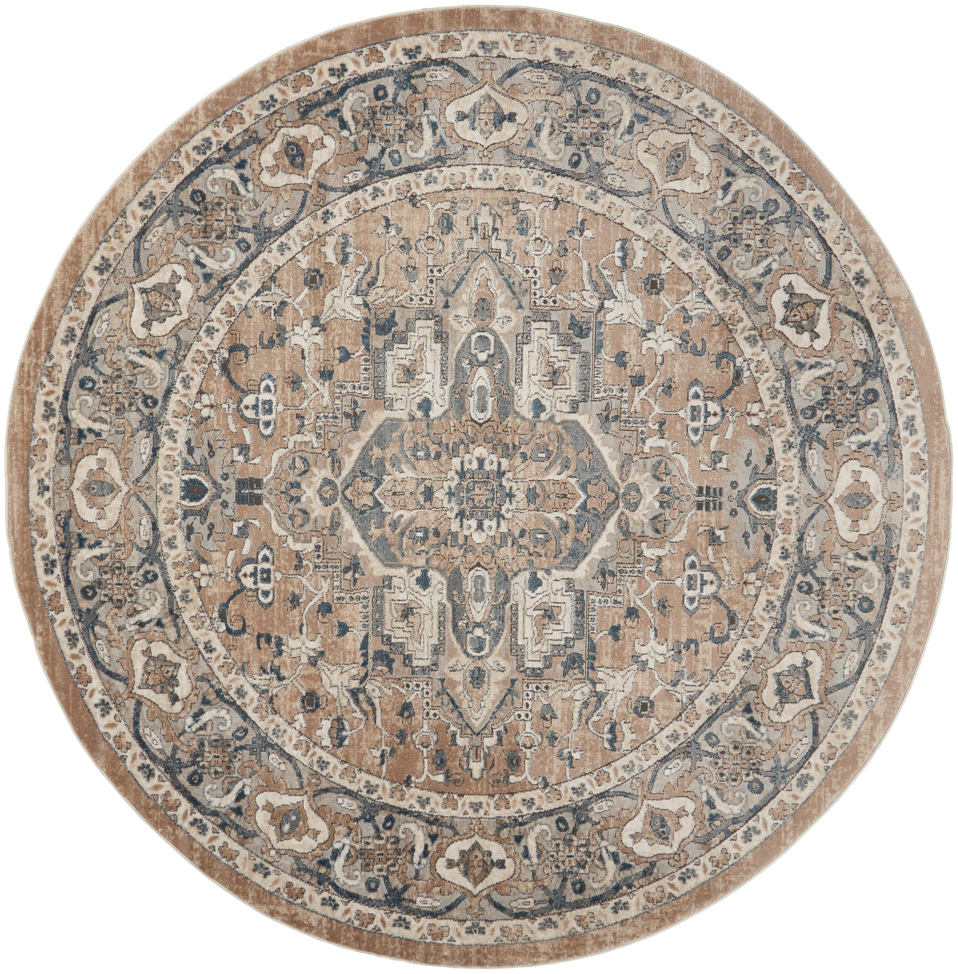 Round beige and blue Oriental rug with ivory accents, featuring a detailed central medallion and floral border.
