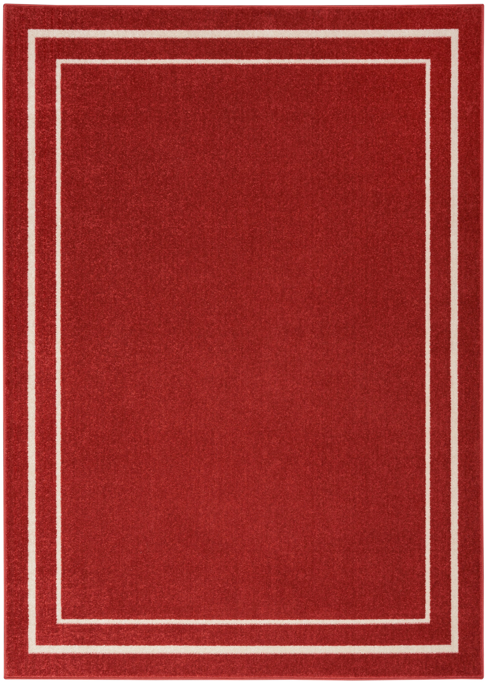 Red rectangular rug with white double border lines along the edges; modern minimalist style, ideal for living room or foyer.