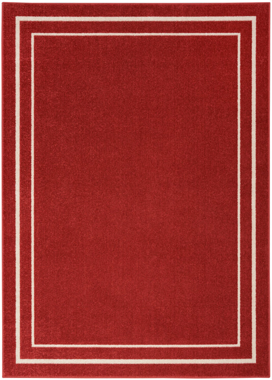 Red rectangular rug with white double border lines along the edges; modern minimalist style, ideal for living room or foyer.