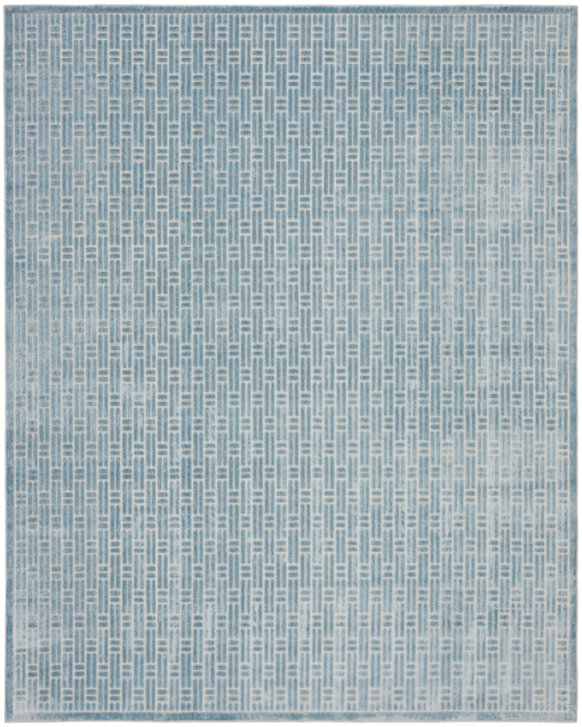 Blue-gray rectangular rug with a subtle woven lattice pattern and pale border.