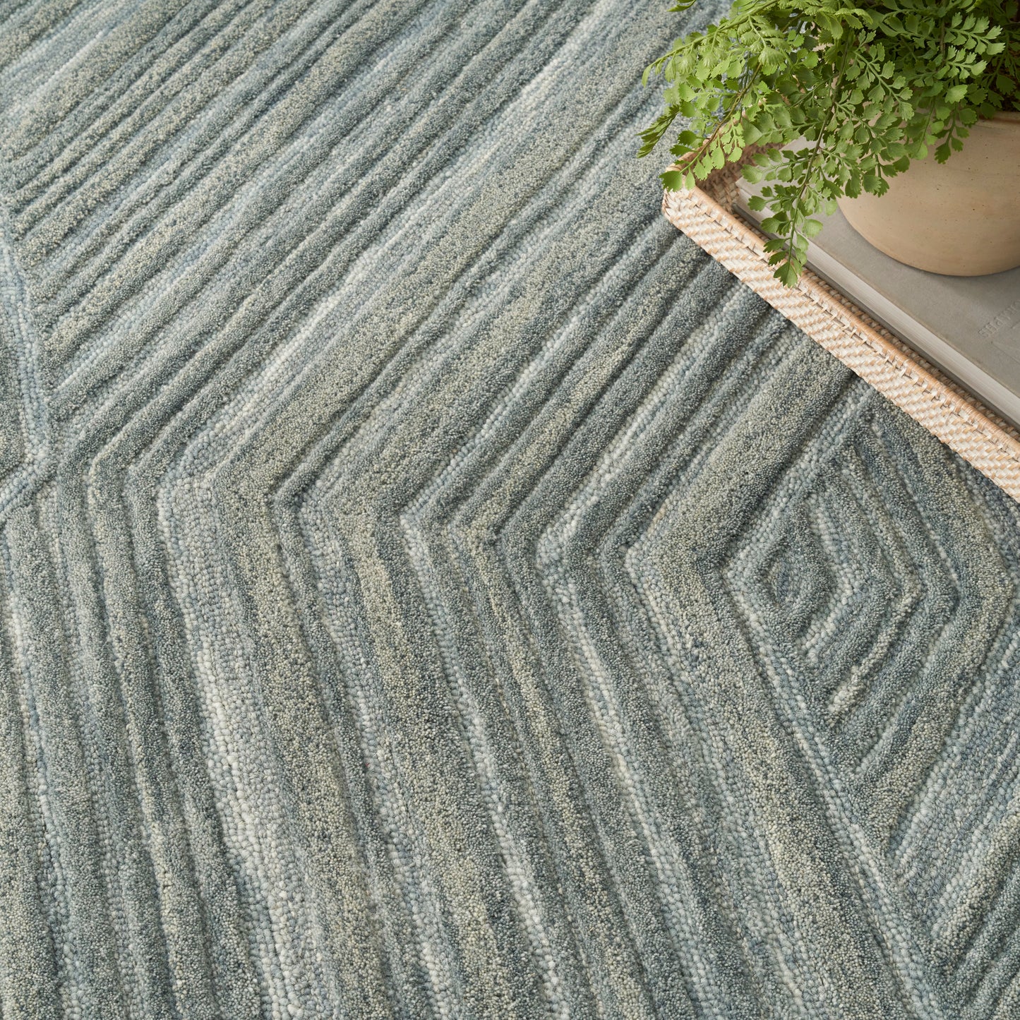 Gray geometric rug with raised chevron pattern; green potted plant on a woven tray in the corner.