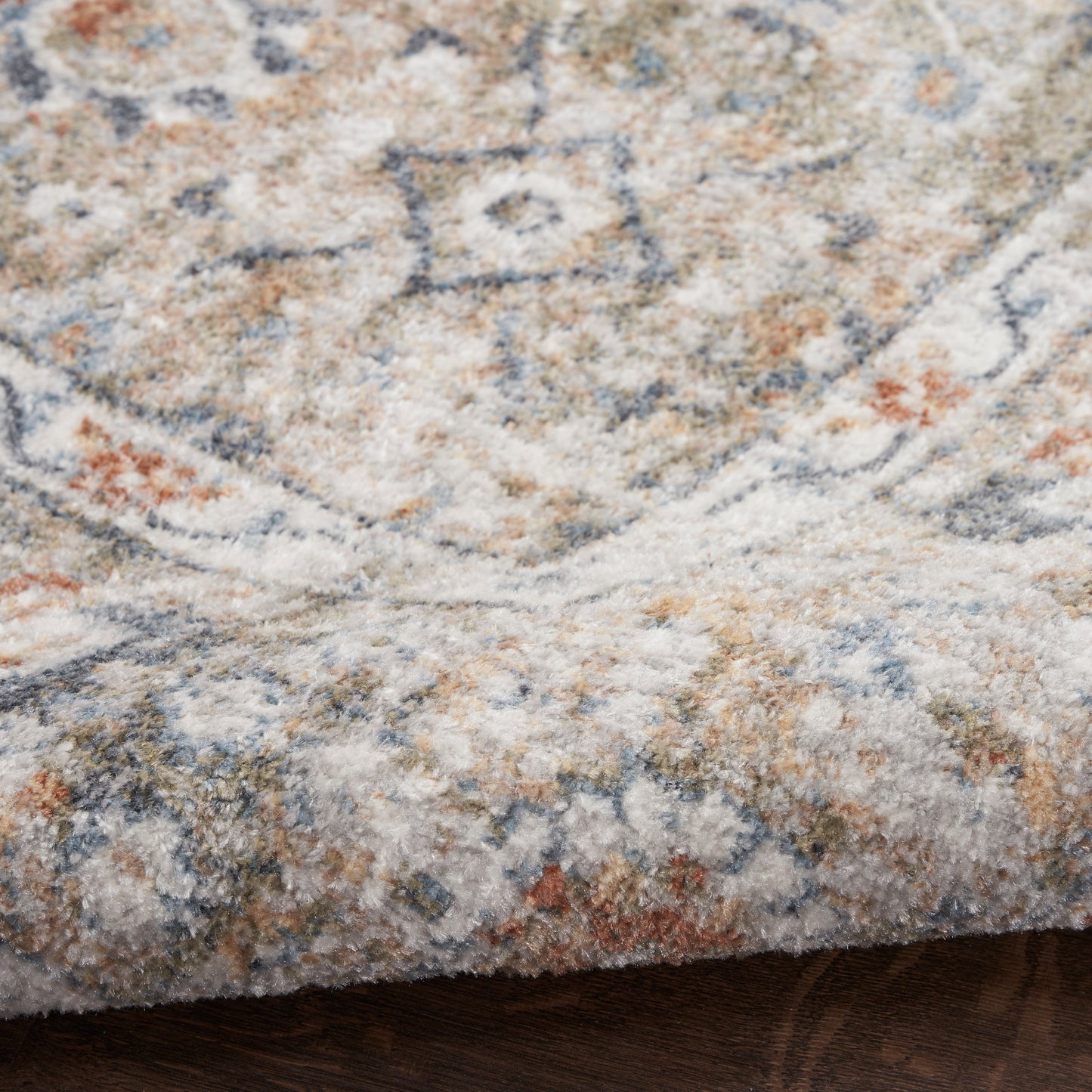 Close-up of a plush beige-blue-rust oriental rug with muted floral motifs and distressed texture.